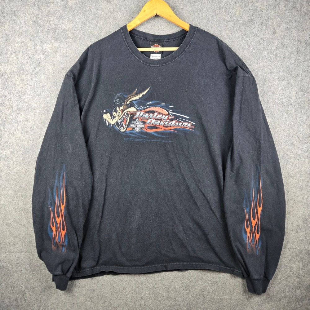 Harley Davidson Looney Tunes Shirt Mens 3XL Black Wile E Coyote Taz Flames Y2K